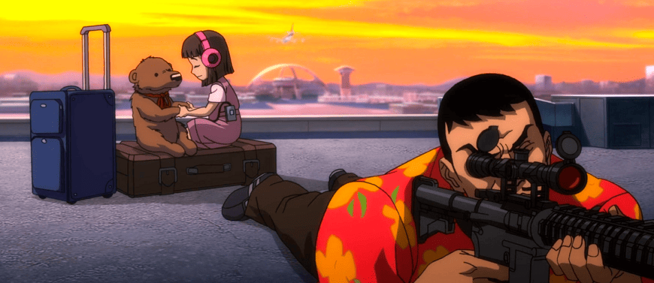 Deadshot in Hawaiian shirt aiming a weapon with his daughter in the background playing with a stuffed bear on luggage.