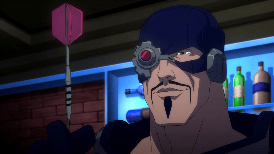 Deadshot wearing his signature mask holding a dart and smiling.