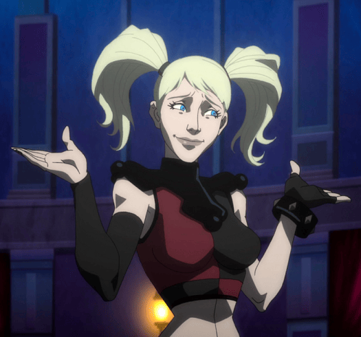 Harley Quinn with blonde hair looking sorry with her hands up in the air.