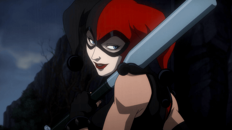 Harley Quinn looking over her shoulder with clown makeup and a baseball bat in her hands.