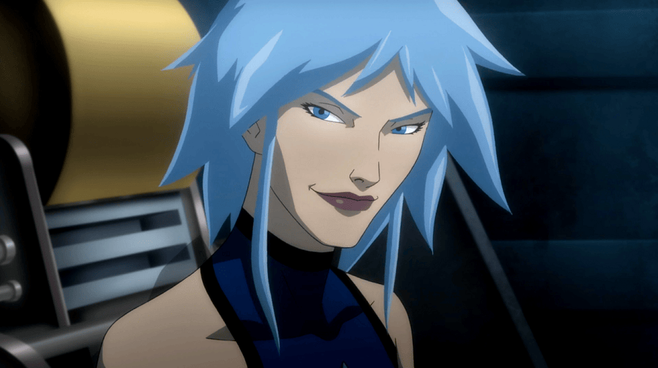 Killer Frost with icy blue hair smiling with a suspicious look on her face.