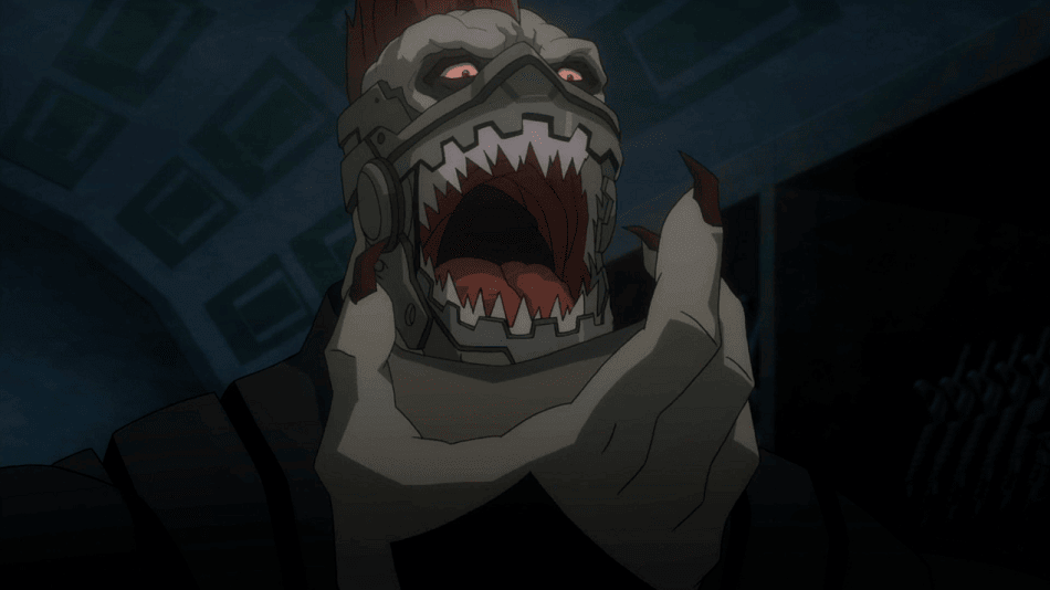 King Shark with sharp teeth looking down at his claw-like nails and hand.