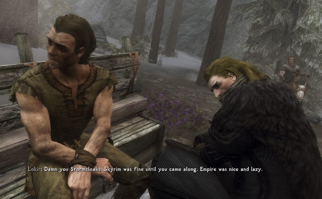 Lokir and Ulfric sitting at the back of a carriage in a foggy forest.