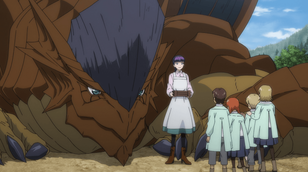 Large dragon looking at young girl with four small children in white.