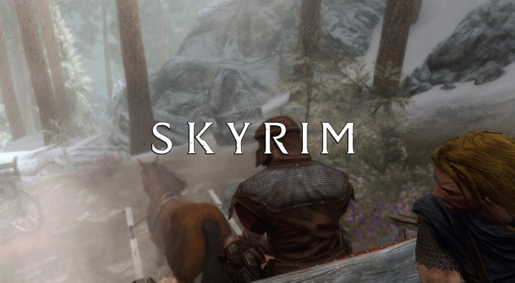 Skyrim title screen opening with Ralof and horse and carriage ride to Helgen in the forest.