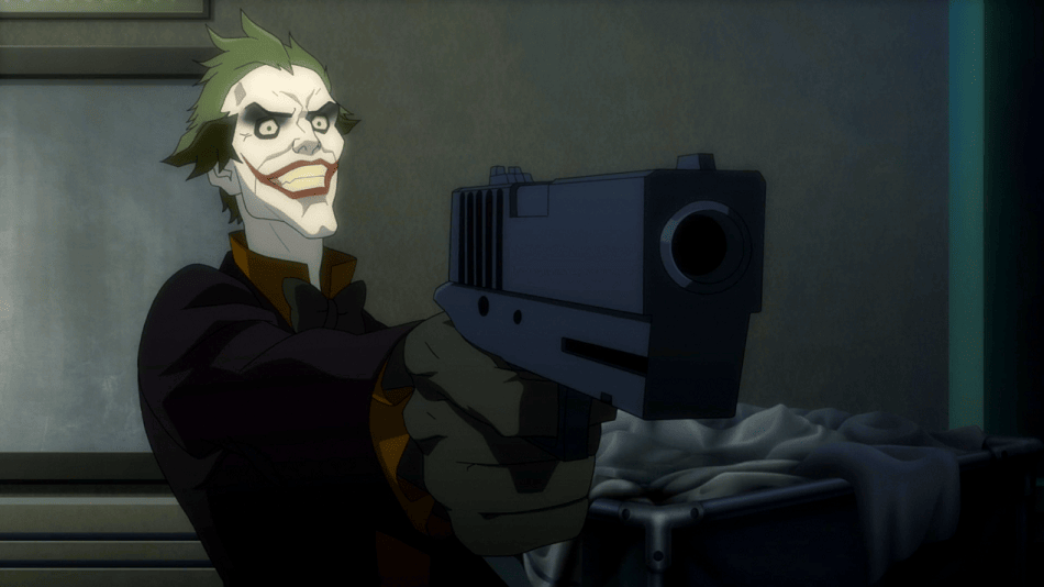 The Joker aiming a pistol and smiling in Batman: Assault on Arkham.