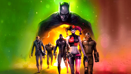 Batman Assault on Arkham characters featuring Batman, The Joker and Harley Quinn.