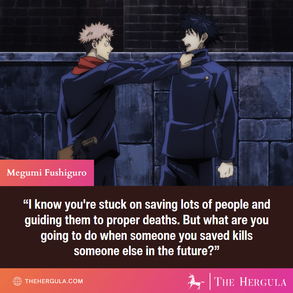 Itadori and Fushiguro holding each other by the neck with a long quote in Jujutsu Kaisen.