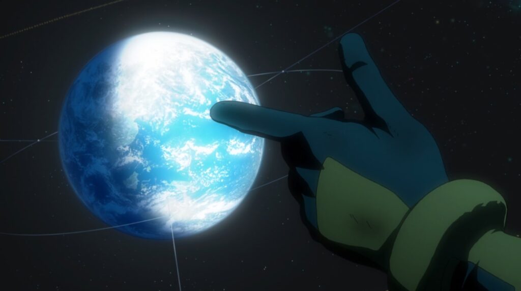 Lockon Stratos hand making a gun finger towards earth in Gundam 00.