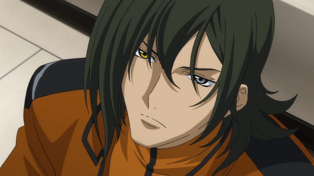 Allelujah Haptism with two different eye colors and orange suit in Gundam 00.