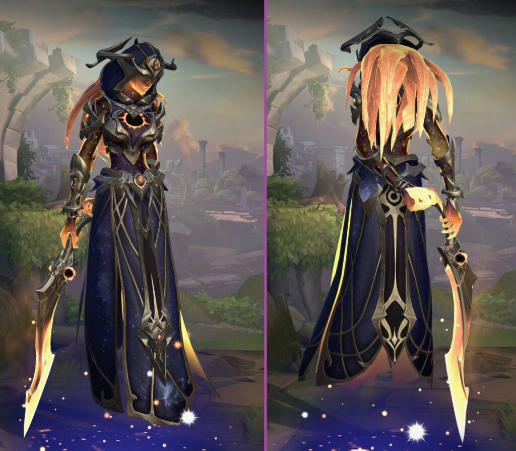Cosmic Traveler Cliodhna skin with a long skirt, stars and long silver blade in Smite.