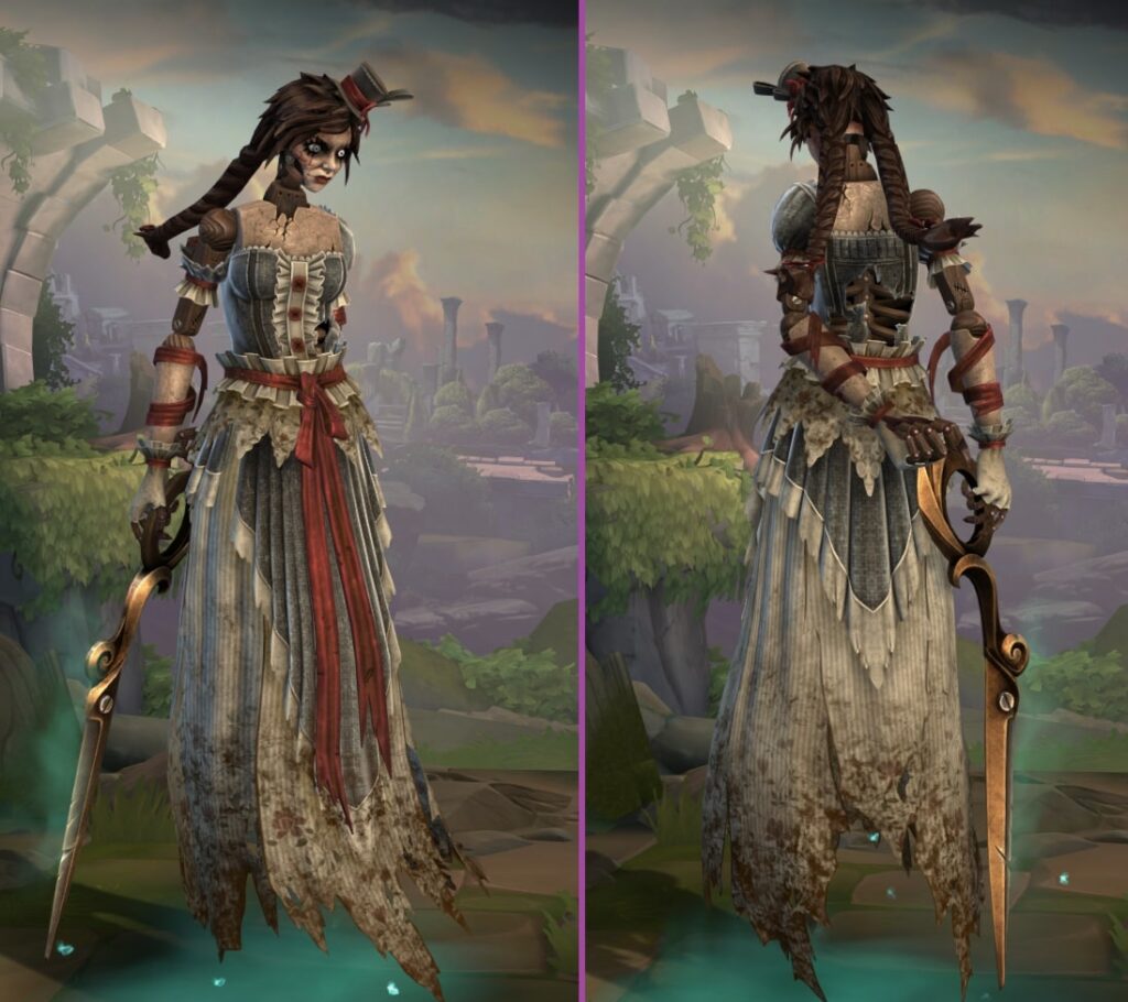 Back and front of a scary doll with top hand and cracked body in Smite.
