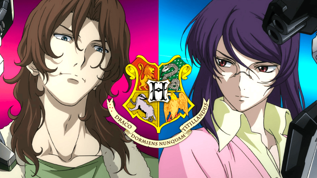 Lockon Stratos and Tieria Erde from Gundam 00 with a Harry Potter Hogwarts House crest in the middle.