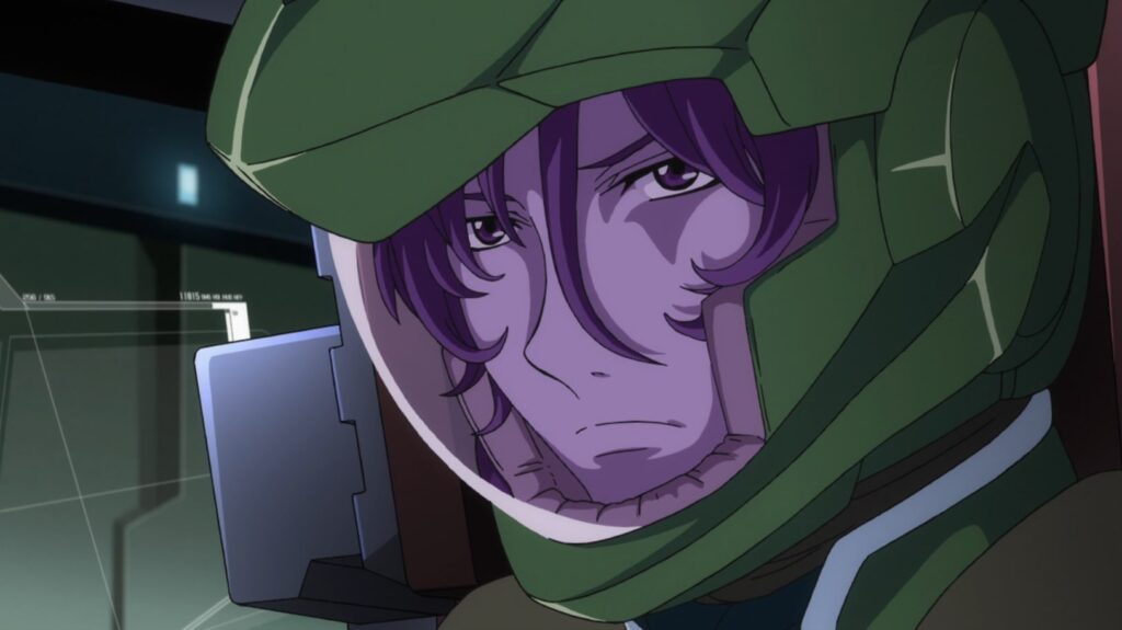 Anime guy inside of a mecha with green helmet looking serious.