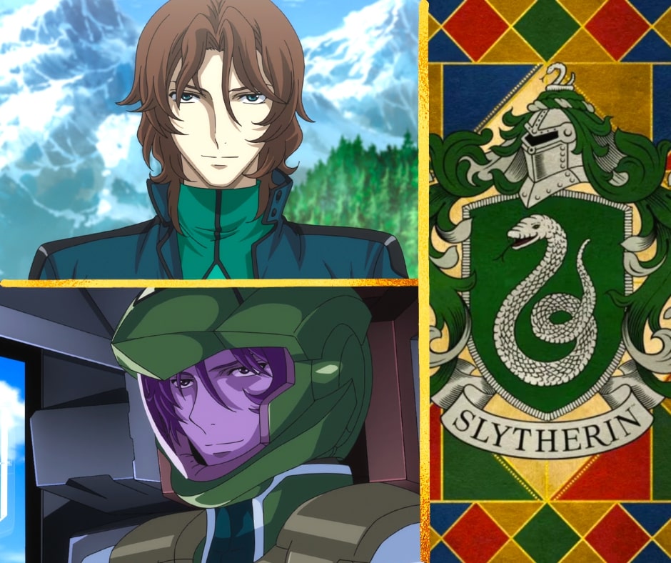 Lyle Dylandy from Gundam 00 with splitscreen images and Slytherin Hogwarts House crest.