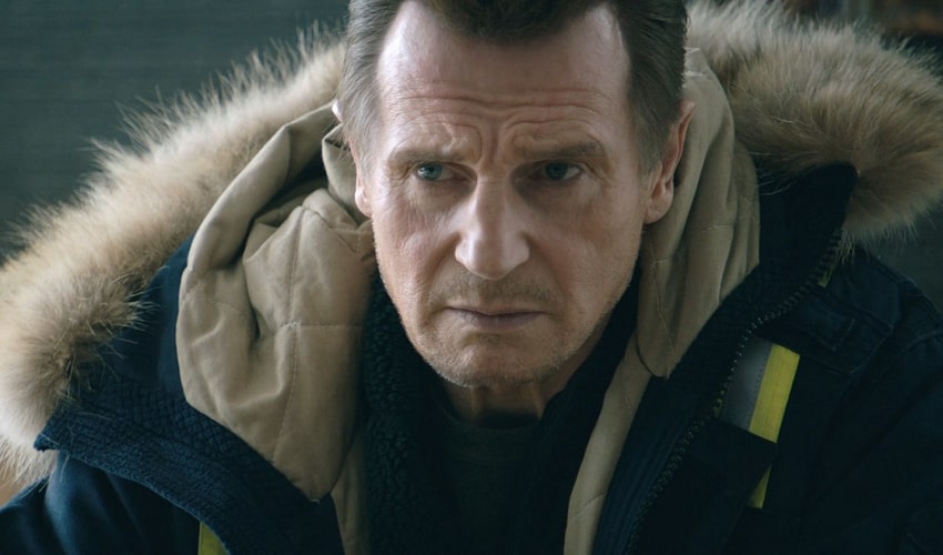 Liam Neeson with a winter coat looking mean in Cold Pursuit.
