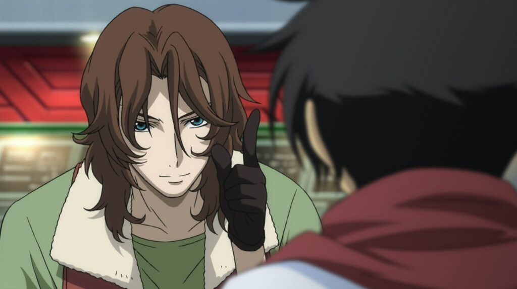 Brown haired stylish anime character pointing his finger to a young boy with black hair.