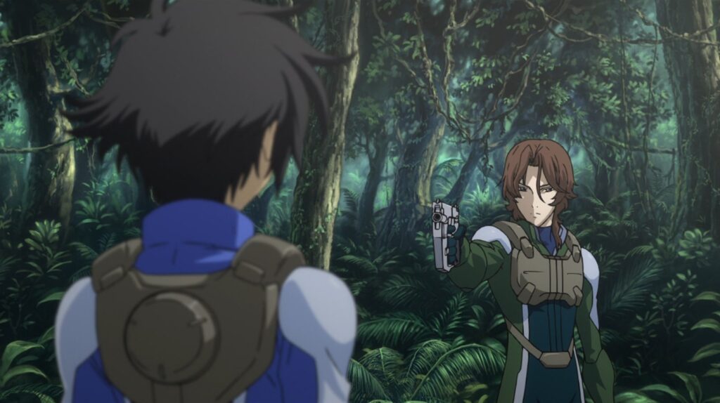 Lockon Stratos aiming his gun at Setsuna F Seiei in the jungle.