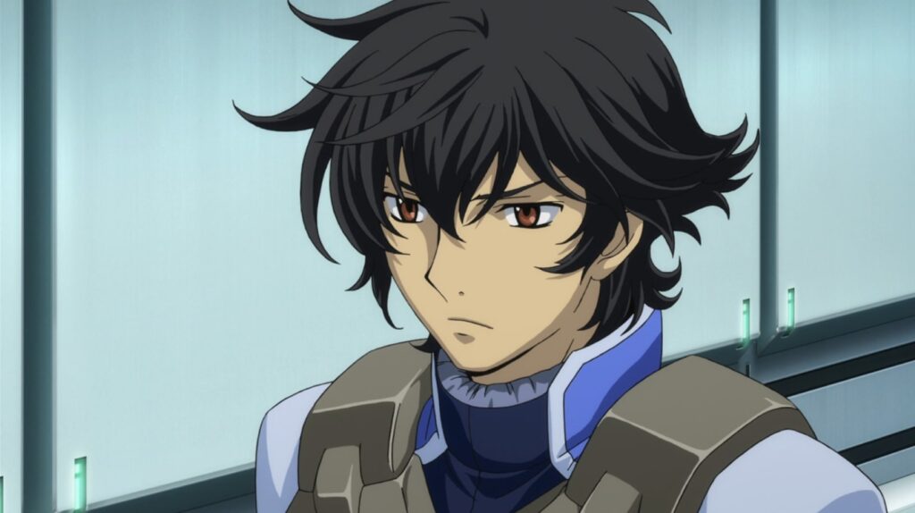 Setsuna F Seiei looking glum in his blue outfit and spiky black hair in space.