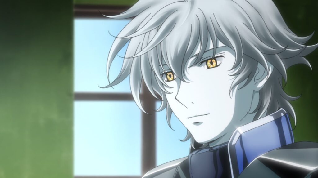 Setsuna ELS appearance with white skin, white hair and metallic outfit smiling with yellow eyes in Gundam 00.