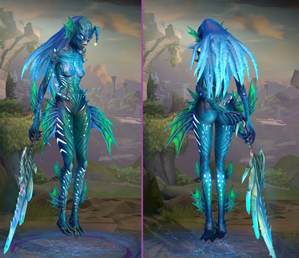 Siren Song Cliodhna skin back and front with blue skin and scary sword.