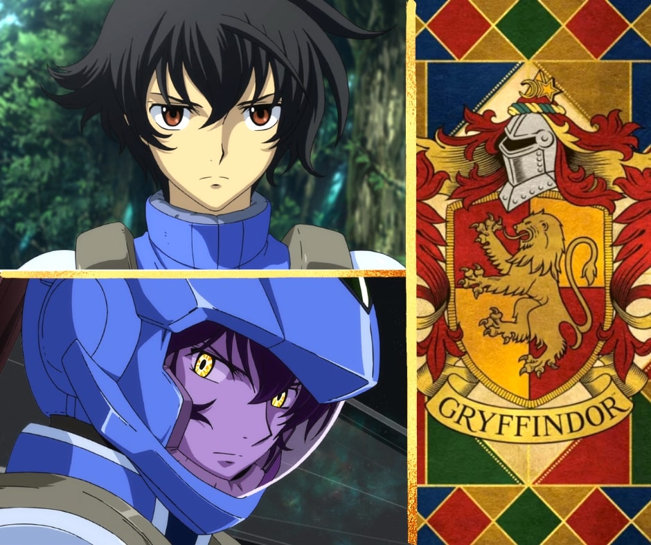 Setsuna F Seiei in the forest and with helmet and glowing eyes with Gryffindor crest.