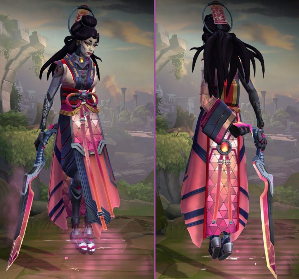 Spectral Oni front and back view in Smite with pink dress and pink sword.