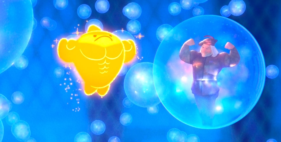 Star flexing next to an old man in a bubble in a blue room.