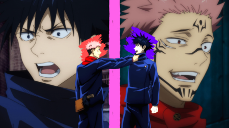 Itadori and Megumi holding each other by the throat with colorful stripes Jujutsu Kaisen quotes.