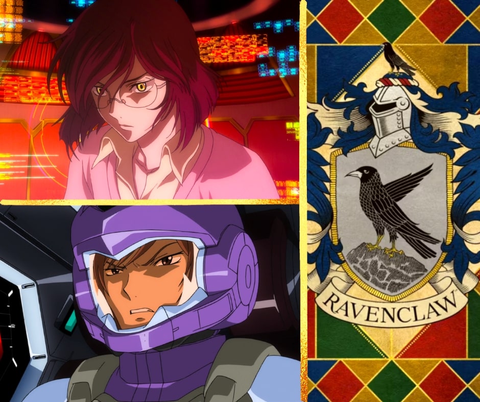 Tieria Erde with glowing eyes and glasses with a splitscreen image of him in his gundam and Ravenclaw crest next to him.