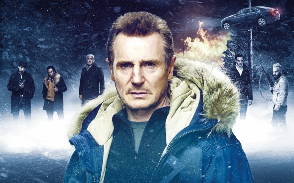 Liam Neeson in a winter coat and people behing him in the Cold Pursuit movie poster.