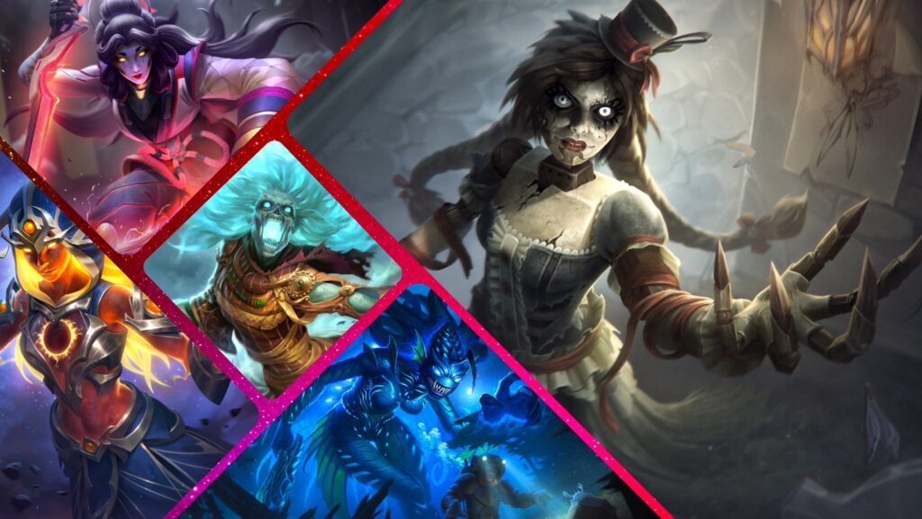 Cliodhna skins in Smite featuring splash arts of the Deadly Doll and Spectral Oni skins.