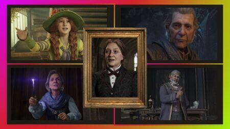 Five Hogwarts professors from Hogwarts Legacy in a frame and colorful background.