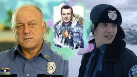 Cold Pursuit characters image with Gip, Kim and Nels Coxman.