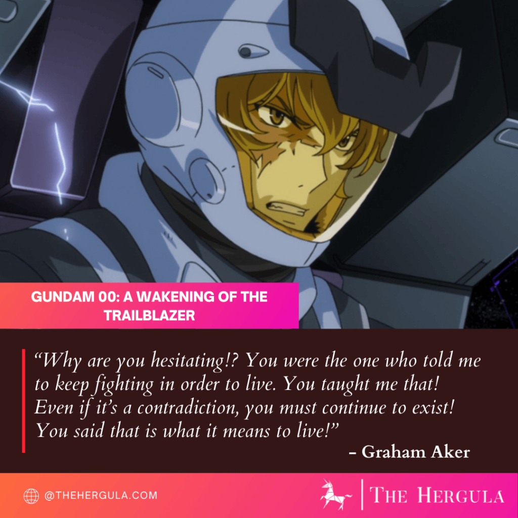 Graham Aker angry in a blue suit with a text quote about learning lessons in Gundam 00.