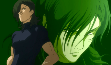Vivid green background with Allelujah Haptism back to back in Gundam 00 wallpaper.