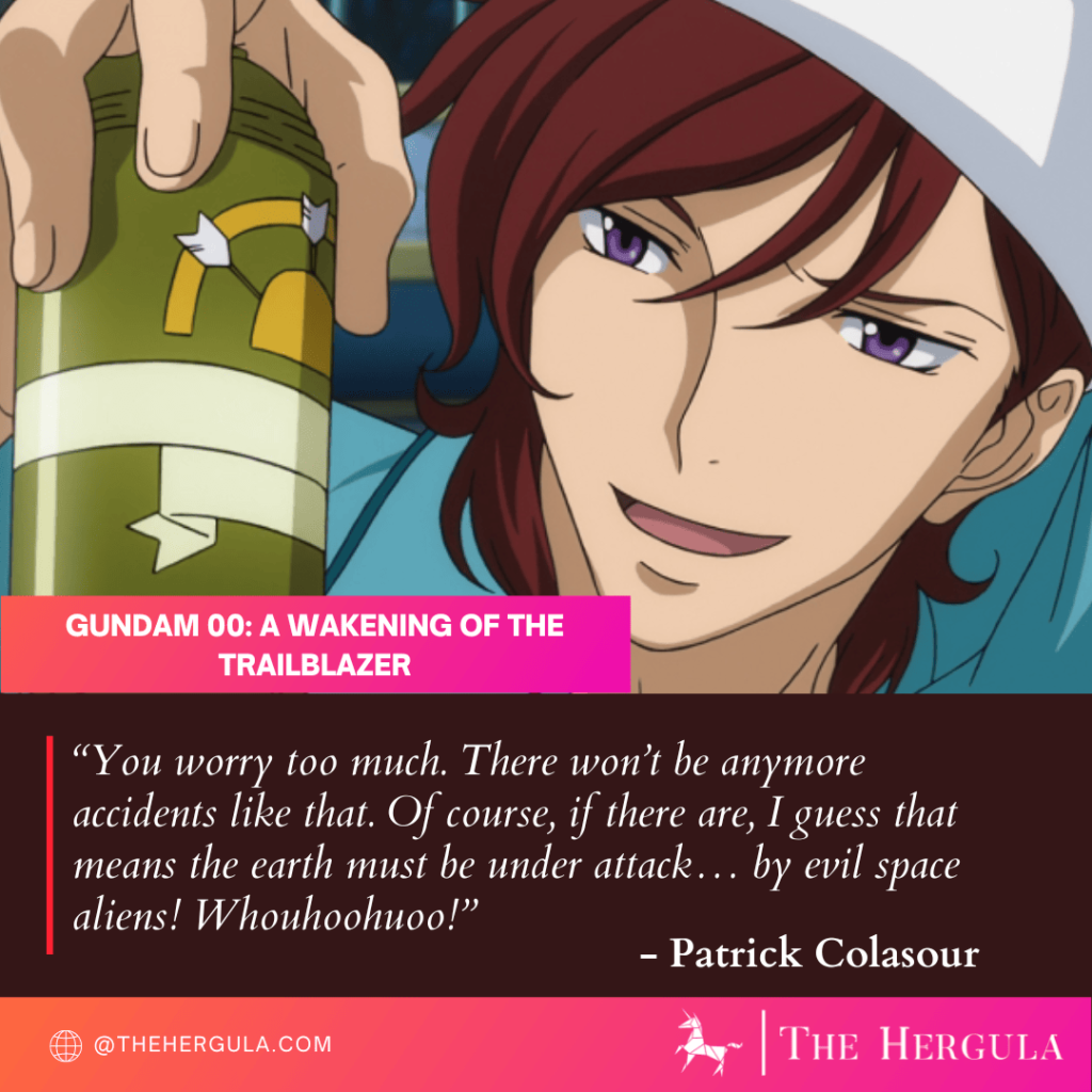 Patrick Colasour holding a can with a quote in Gundam 00.